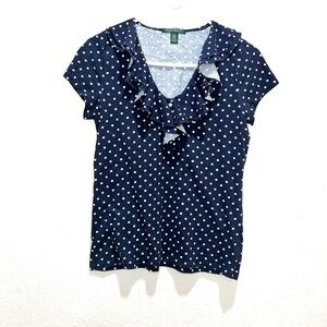 Lauren Ralph Lauren Blue Polka Dot V-Neck Ruffle Top